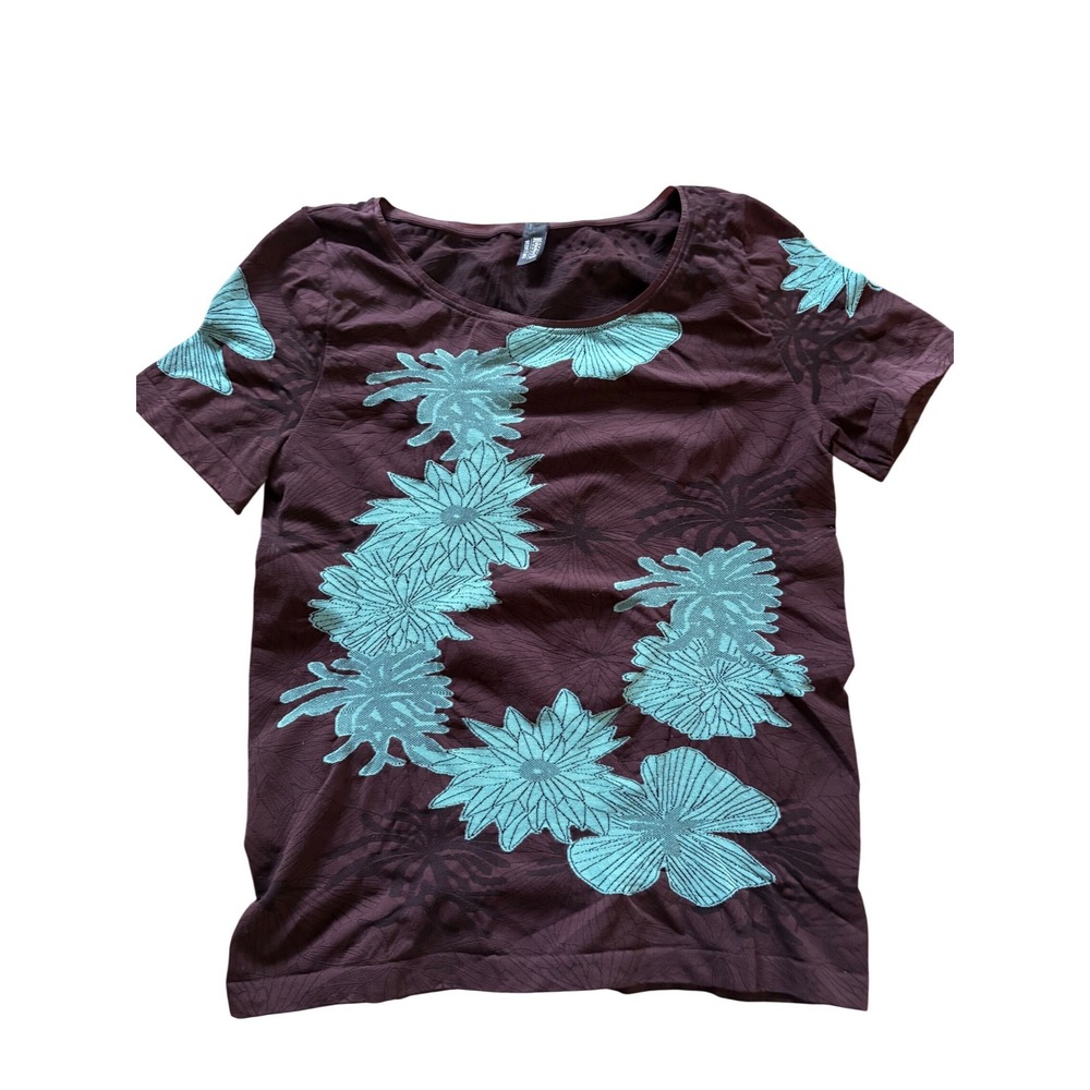 WOLFORD Brown Teal Velvet Mix Floral Print Short Sleeve Shirt Size Medium
